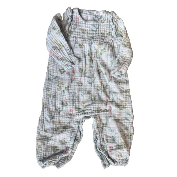 Angel Dear Other - Angel Dear Soft 100% Cotton Button-Up Light Blue Floral Baby Romper Sz 12-18 Mos